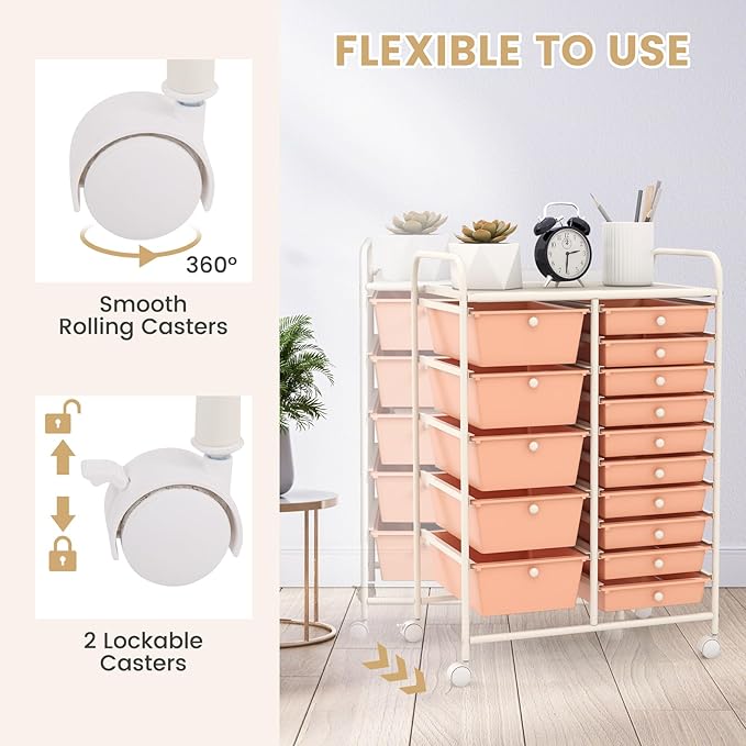 GOFLAME 15-Drawer Rolling Storage Cart, Multipurpose Movable Organizer Cart, Utility Cart for Home, Office, School, Peach Fuzz, 53825HW-GL