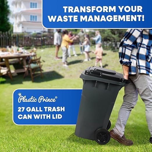 27 Gallon Outdoor Trash Can with Lid and Wheels Small Outdoor Garbage Can with Wheels Outside Heavy-Duty Rolling Trash Bin for Home Office Commercial Use, Gray