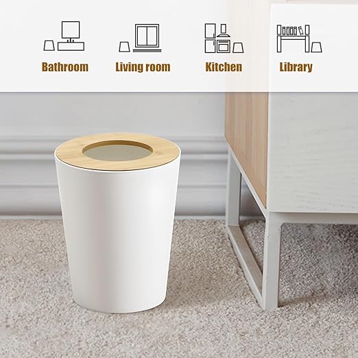White Trash Can for Bedroom with Bamboo Lid, 2.4 Gallon Open Top Trash Can 2 Pack, Modern Aesthetic Garbage Can for Room Office Living Room, Small Bathroom Trash Bin Boho Style