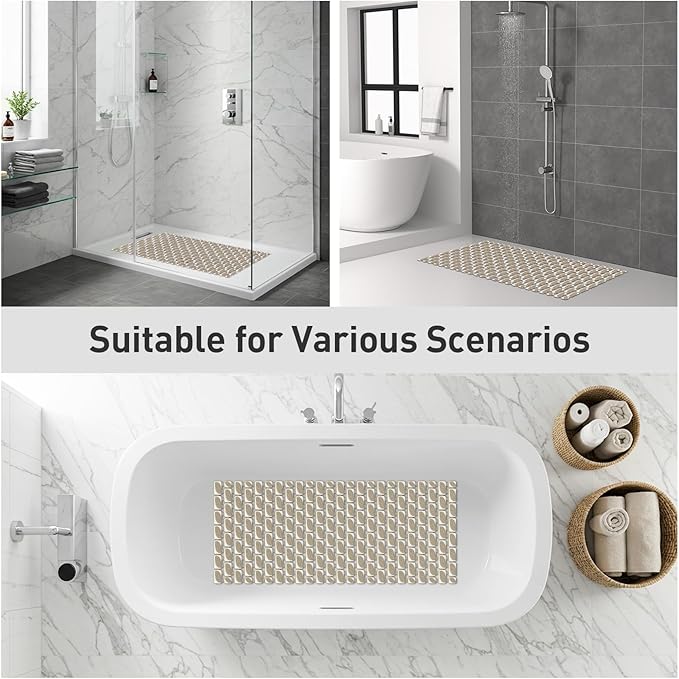 Shower Mat Non Slip Bathtub Mat - 36" x 16" Eco-Friendly Soft Bath Mat for Tub Non Slip Shower Mats for Inside Shower with Suction Cups and Drain Holes, Easy to Clean Quick-Drying, Brown