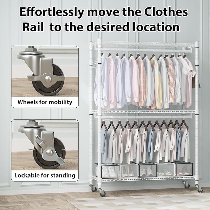 Homdox 3 Tier Heavy Duty Garment Rack with Wheels, Adjustable Wire Clothes Rack with Double Hanging Rods, Portable Closets for Hanging Clothes with Side Hooks, White