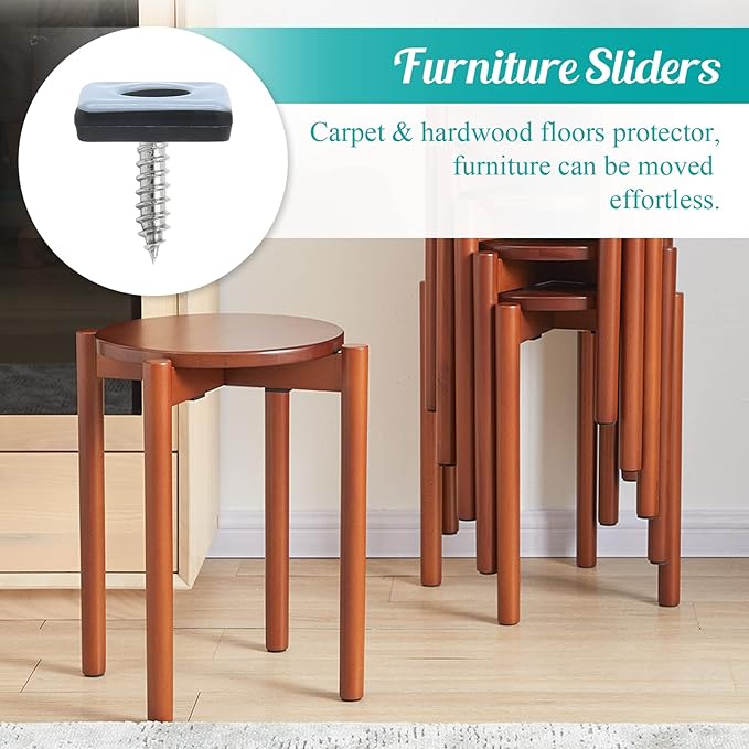 24pcs 1" (25mm) Screw on Furniture Sliders, Teflon Chair Leg Slides, Square Furniture Glides with Screws for Hardwood Floors Protectors (Gray/Black)