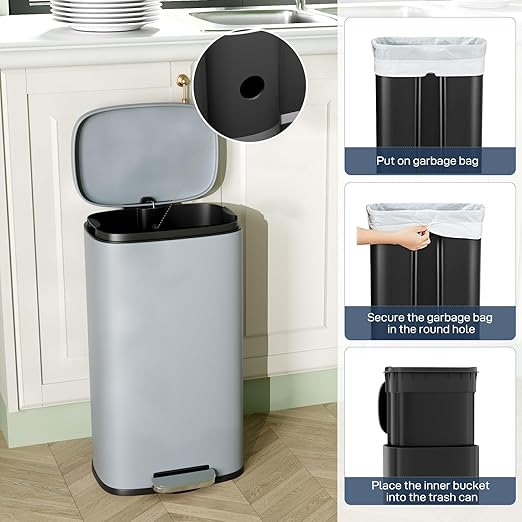 Arlopu 8/13.2 Gallon Step Trash Can, Stainless Steel Garbage Bin, Soft-Close Rubbish Bin with Removable Plastic Inner Bucket, Fingerprint-Proof, Lid Dustbin, Suit for Kitchen Home (Haze Blue, 30L)