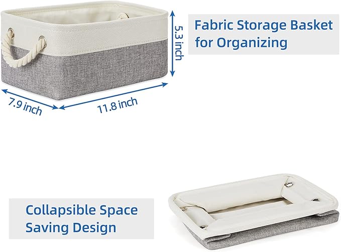 Temary Small Storage Baskets for Organizing 6Pcs Small Storage Bins, Decorative Collapsible Fabric Gift Baskets Empty for Home (White&Grey,11.8L x 7.9W x 5.3H inches)