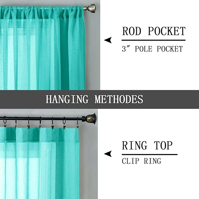 Tollpiz Short Sheer Curtain Linen Textured Bedroom Curtains Sheer Light Filtering Rod Pocket Voile Curtain for Living Room, 54 x 54 inches Long, Aqua Blue, Set of 2 Panels