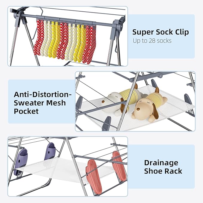 Clothes Drying Rack, Foldable 2-Level Laundry Racks for Drying Clothes Rack,Stainless Steel Drying Rack Clothing Collapsible for Indoor Outdoor,with Height-Adjustable Wings