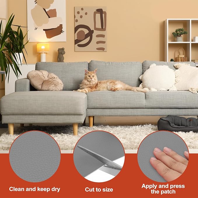 PATIKIL Leather Patches Tape for Furniture, 3.2 x 61 Inch Self Adhesive Vinyl Leather Repair Kit Cover Sheet for Couch, Sofa, Car Seats, Office Chair, Light Gray