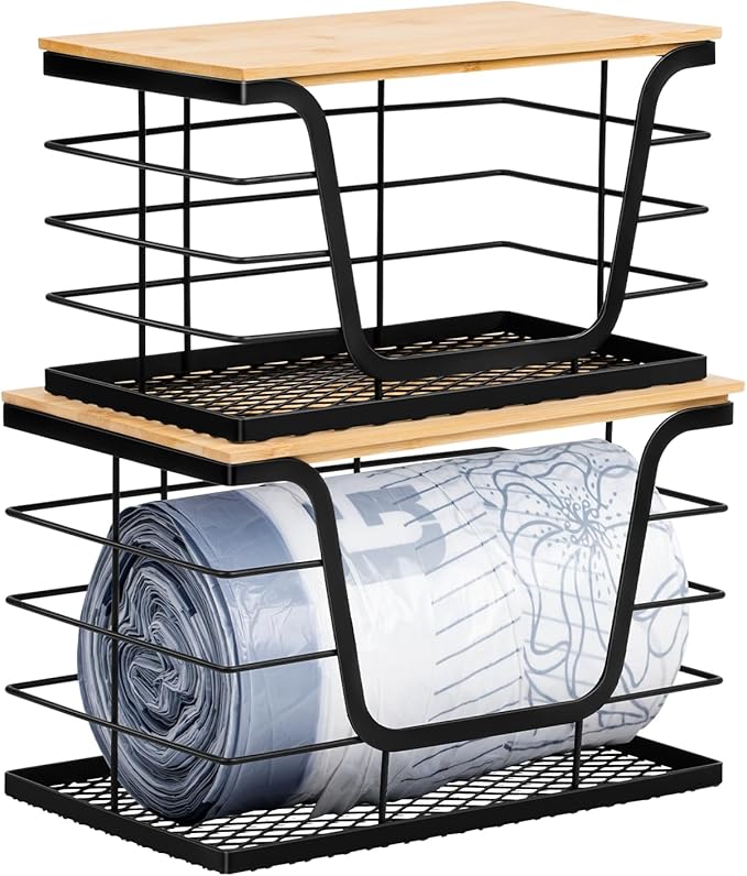 Wetheny 2 Pack Trash Bag Holder, Wall Mounted Garbage Bag Dispenser with Bamboo Top and Mesh Bottom, Stackable Storage for Kitchen Laundry Organization, Black