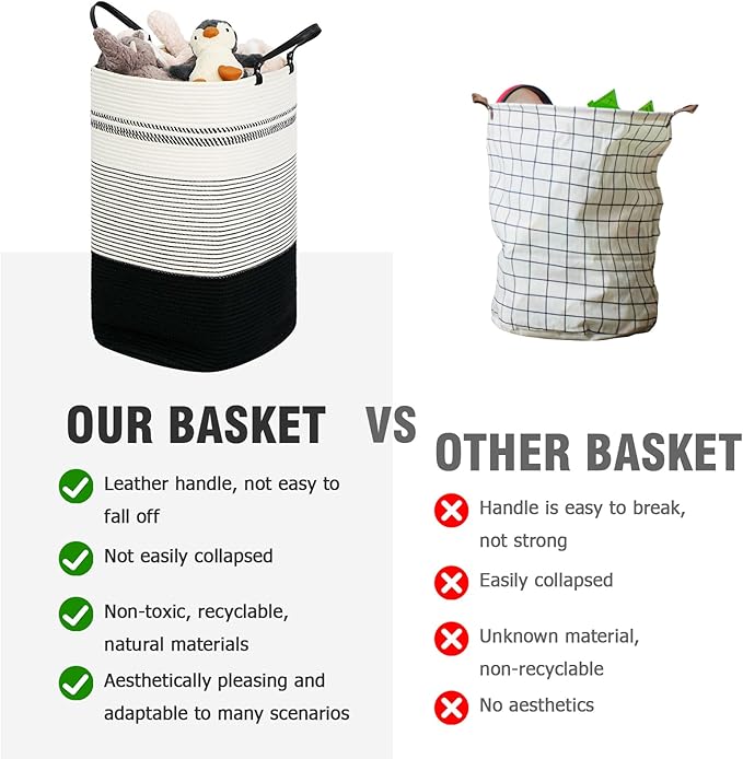 danpinera 100L Nursery Hamper, Tall Woven Laundry Basket with Long Leather Handles, Boho Laundry Hamper for Living Room & Bedroom, Eco-friendly & Convenient Decorative Storage Basket, White & Black