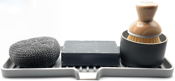 Happitasa Silicone Soap Dish Tray and Sponge Holder with Drain Chute | Bathroom and Kitchen Sink Organizer Caddy (Light Grey, 12"x4", 7.4 Ounces)