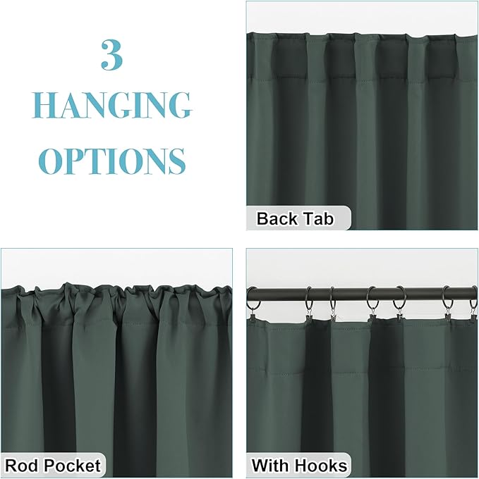 RYB HOME Dark Green Small Blackout Window Curtains - Insualting Privacy Curtains for Kids Bedroom Kitchen Bathroom Basement Cafe Cabinet Tiers Drapes, 34 Width x 24 Length, 2 Panels