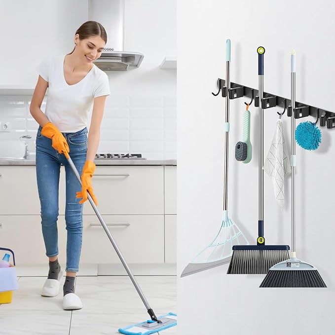 nacena Broom holder Wall Mount, 2-Pack Stainless Steel Self-Adhesive Mop and Broom Hooks Heavy Duty Broom and Mop Storage Rack laundry room organization Garage Organizer for Kitchen Garden garage