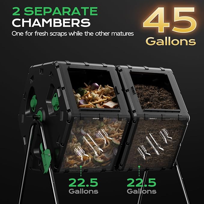 Compost Tumbler 45 Gallon/170L, Easy-Assemble Dual Chamber Compost Bin Outdoor, 360°Rotating Large Composter for Outside, Backyard, Garden, Gifts for Seasoned Gardeners & Beginners-Green
