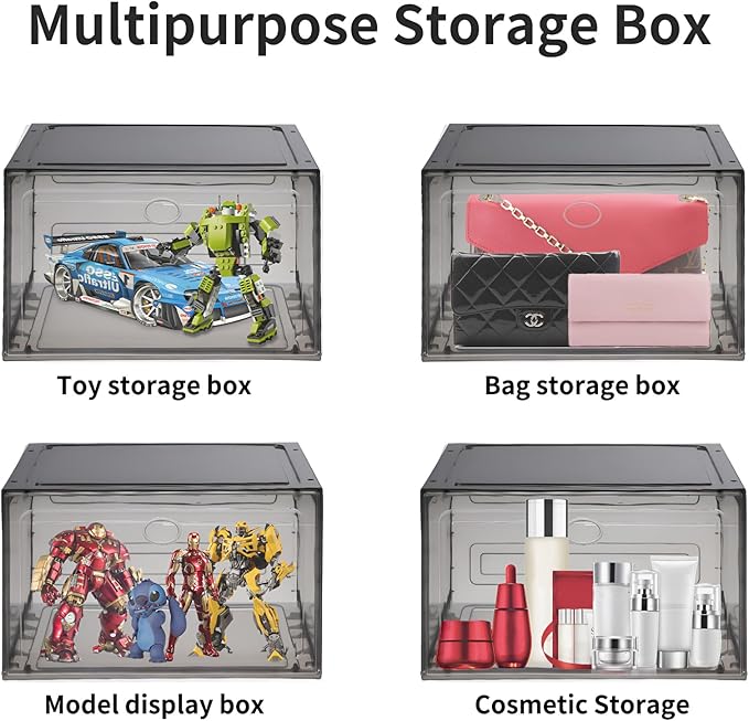 Large Shoe Boxes Clear Plastic Stackable, 8 Pack Drop Side Shoe Storage Boxes with Magnetic Door, Shoe Storage Organizer Sneaker Storage Display Fit up to US Size 13 Black