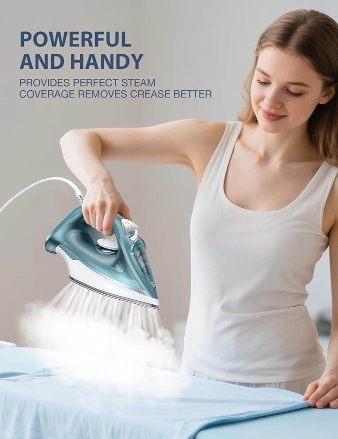 Sundu 1500W Steam Iron for Clothes, Ceramic Nonstick Soleplate for Fast Smooth Gliding, Self Clean, Auto Shut Off, 11.8oz Large Water Tank, Lightweight for Home & Travel Use, Green