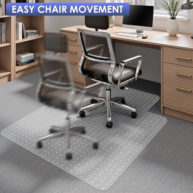Kuyal Office Chair Mat for Carpet, 45x53 Clear Heavy Duty Computer Chair Mat with Lip, Under Desk Protector Carpeted Floors Mat, Easy Chair Movement,Ship Flat