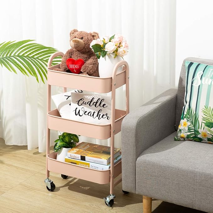 AGTEK Makeup Cart, Movable Rolling Organizer Cart, 3 Tier Metal Utility Cart, Rosiness
