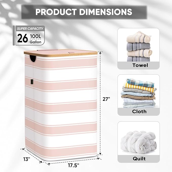 BALEINE Laundry Hamper with Lid, Tall Laundry Baskets with Bamboo Pull Handles, Large Laundry Bin with Internal Support (26 Gal/100L, Pink Stripe)