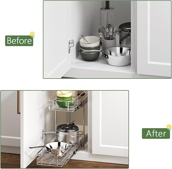 2 Tier Individual Pull Out Cabinet Organizer 5½" W x 21½" D, Heavy Duty Cabinet Pull Out Shelves, Slide Out Drawers Organization for Kitchen Cabinets Bathroom