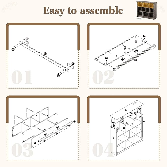 EnHomee 10 Cube Storage Organizer with LED Light and Charging Station Wood Cube Shelf Display Cabinet for Bedroom Living Room,Office,Black Oak