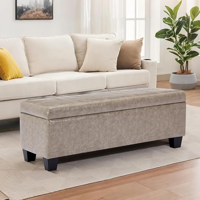 Faux Leather Ottoman with Storage, 42 Inch Rectangular Storage Ottoman Bench with Safety Hinged Lid, Large Upholstered End of Bench for Bedroom Entryway Living Room, Grey
