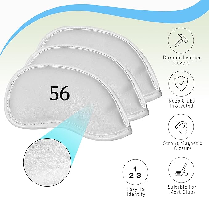 Premium Magnetic Leather Iron and Wedge Golf Club Head Covers | Set of 10 | Fits Most Clubs | Embroidered Club Label on Both Sides of Club Head Cover