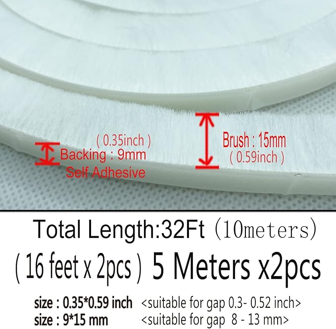 32 Ft Weather Stripping Self Adhesive Seal Strip Weatherstrip for Windows and Doors House Soundproofing(32ft x11/32 Backing x 9/16 Brush inch, White)