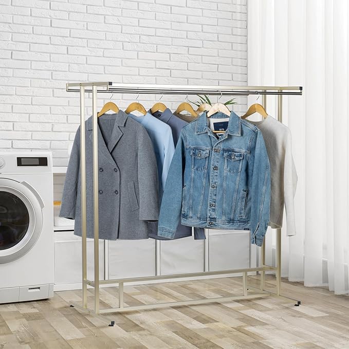 MyGift 4ft Tall Brass Tone Stainless Steel Freestanding Garment Rack, Heavy Duty Double Rod Clothes Closet Stand, Coat Dress Clothing Storage Display Shelf