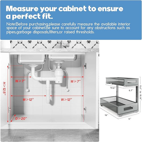 1 Pack 19IN Depth Under Sink Storage Organizer, Large 2-Tier Elegant Mesh Pull Out Shelf for Kitchen and Bathroom Cabinet Organization, L-Shaped and Adjustable Height Design-Gun Gray