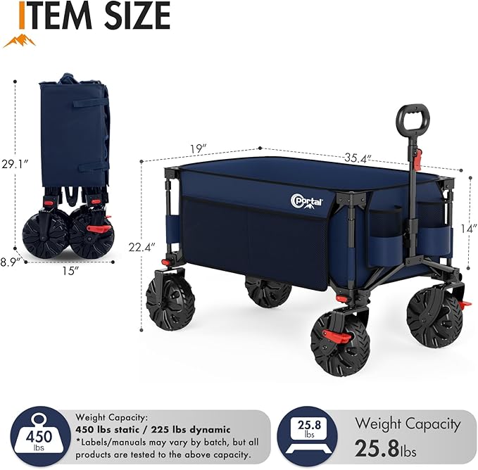 PORTAL Collapsible Wagon with Brakes, Heavy Duty Utility Cart with All-Terrain Wheels, Portable Folding Wagons for Camping, Beach, Garden, Shopping, and Groceries