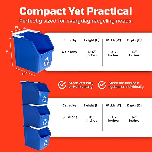 6 Gallon Stackable Recycling Bins for Homes, Garages, Offices Made of 100% Recycled Plastic - (Red, 3 Pack)