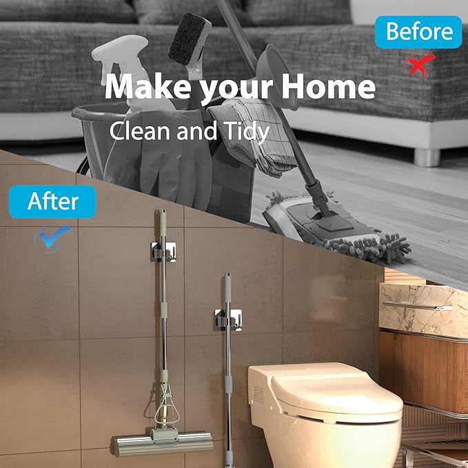 Mop Broom Holder No Drill, Mop Broom Organizer Wall Mounted Heavy Duty with Hooks Hanger, Self Adhesive Stainless Steel 6Pcs for Bathroom, Kitchen, Office (Silver)