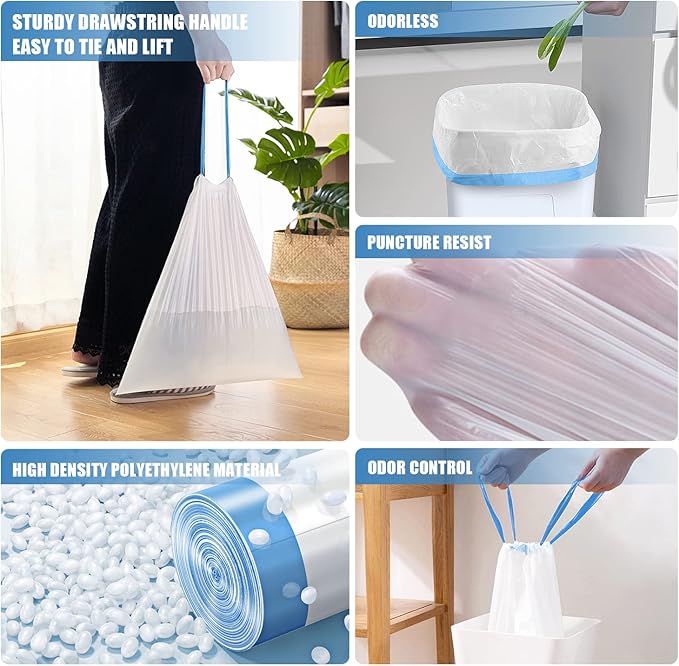 FORID Small Drawstring Trash Bags - 6 Gallon Plastic Trash Bags Heavy Duty White Trash Can Liners 60 Count Unscented Bin Bags for Kitchen Bathroom Office Home Bedroom 22 Liter