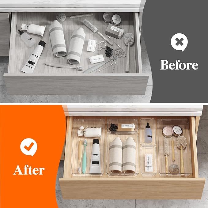 Lifewit 15 Pcs Large Bathroom Drawer Organizers, 3 Sizes Clear Plastic Storage Organizer Trays for Make Up, Kitchen Utensils, Vanity Accessories in Bathroom/Office/Dresser Organization