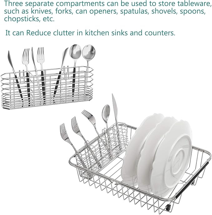 304 Stainless Steel Utensil Holder, Dish Drying Rack, kitchen Utensil Organizer, Knife and Fork Drainage Rack, Kitchen Drainage Basket Accessories, With Hooks, Rust Proof, Color-Silver