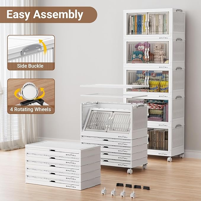 BROVIEW 240Qt Stackable Storage Bins with Lid, Extra Large Closet Organizer Collapsible Drawer Boxes with Wheels, Folding Plastic Cabinet Containers for Home Kitchen Room Organization, 4Pack White