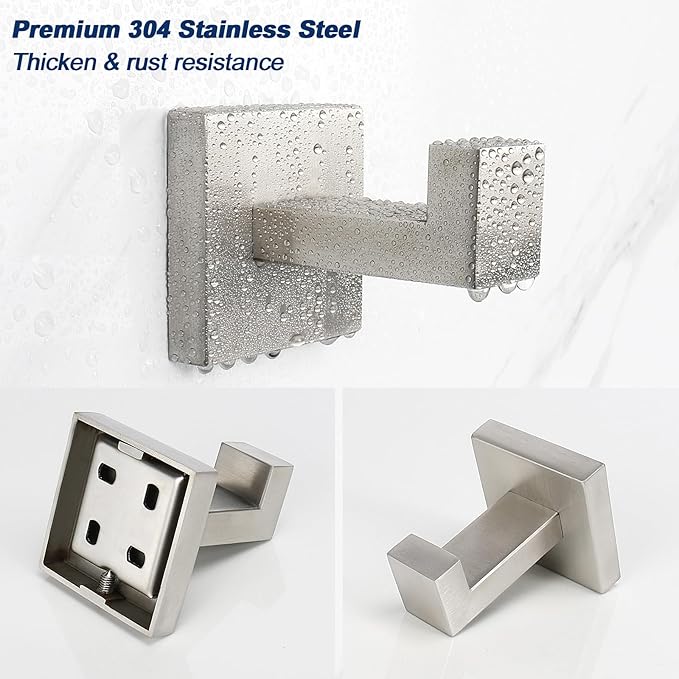 NearMoon Bath Towel Hooks -SUS304 Stainless Steel Square Clothes Robe Hooks Hanger, Heavy Duty Coat Hooks for Bathroom Livingroom Hotel Kitchen Garage, Wall Mounted - 3 Pack (Brushed Nickel)
