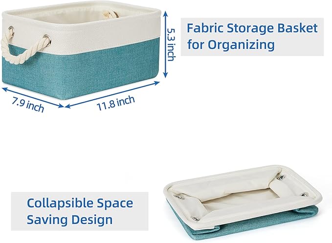 Temary Small Fabric Basket Shelf Storage Bins for Organizing 6 Pcs Decorative Baskets for Gifts Empty Collapsible Small Storage Bins for Home, Closet(Teal,11.8 L x 7.9 W x 5.3 H inches)