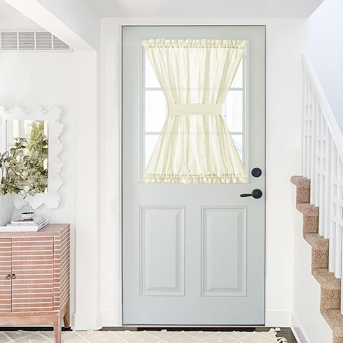 NICETOWN French Sheer Door Panel - Translucent Privacy Sheer with Light Filter Linen Look Textured French Door Curtains (52 inches Width by 40 inches Long, 1 Panel with Tieback, Yellow)