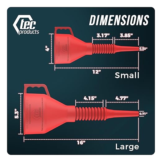 TEC Products FlexAll Long Flexible Funnel for Automotive Use - Durable Nitrile Rubber - Ideal for Car Oil Change, Transmission Funnel Fluid, Diesel, Fuel, Gas - Made in USA - Red (16 x 5 Inches)