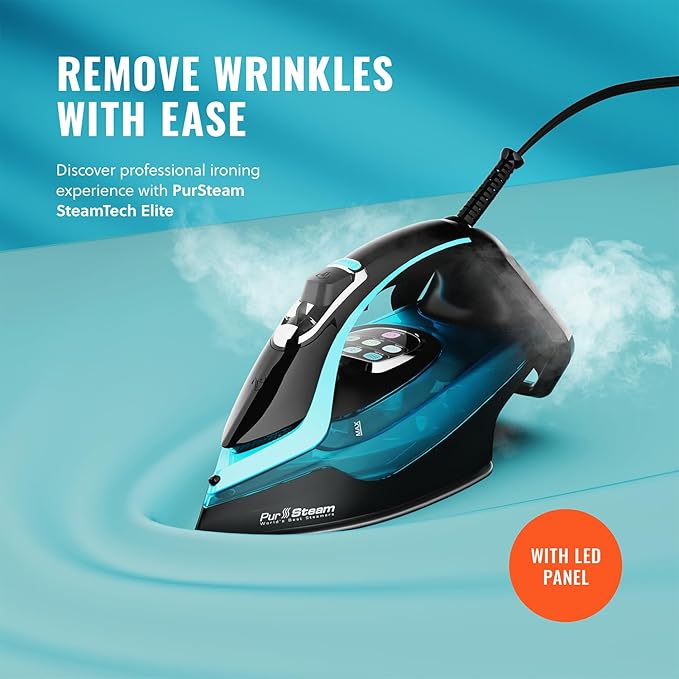 PurSteam SteamTech Elite 1750W Steam Iron, Digital Temp Control & LED Display, Ceramic Soleplate, Adjustable Steam, Self-Clean, Anti-Calc, Anti-Drip, Auto Shut-Off