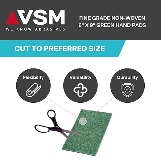 VSM 10-Pack: 6" x 9", Green - Fine, Non-Woven Hand Pad, Aluminum Oxide Grains, Rust and Oxidation Resistant, Multipurpose Abrasive Scrub Pad for Finishing and Cleaning