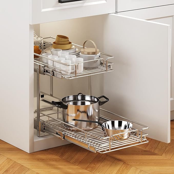 2 Tier Individual Pull Out Cabinet Organizer 11½" W x 21½" D, Heavy Duty Cabinet Pull Out Shelves, Slide Out Drawers Organization for Kitchen Cabinets Bathroom