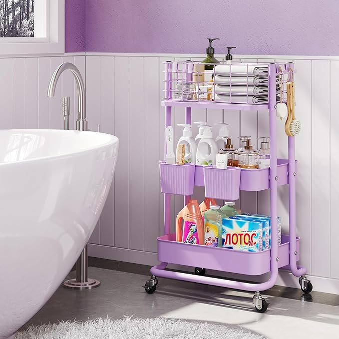 KINGRACK 3 Tier Rolling Cart, Metal Mobile Storage Shelf with Lockable Wheels, Prevent Falling Utility Trolley Cart, Storage Organizer for Kitchen, Office, Bathroom, Dorm, Purple