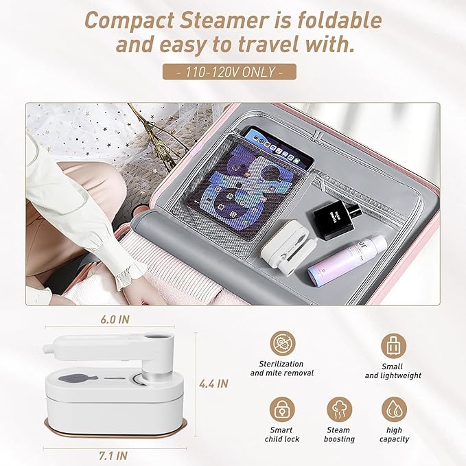 Travel Steamer for Clothes Portable Mini, 8 Steam & Iron Modes Iron Steamer, 2 in 1 Portable Steamer Support Dry&Wet Ironing, 15S Heating, 180° Rotatable Travel Steam Iron