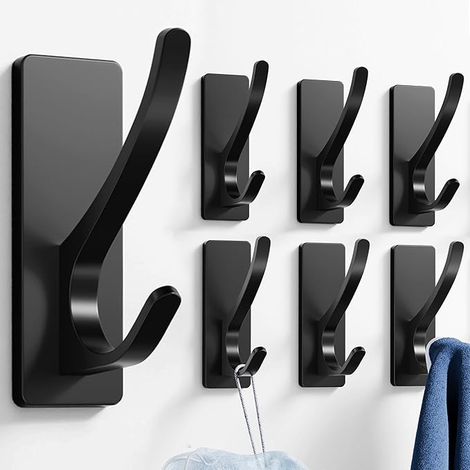 pickpiff Self Adhesive Coat Hooks for Hanging: Heavy Duty Stainless Wall Hook for Towel, Backpack, Hat, Sturdy Metal Hanger, 6-Pack, Matt Black