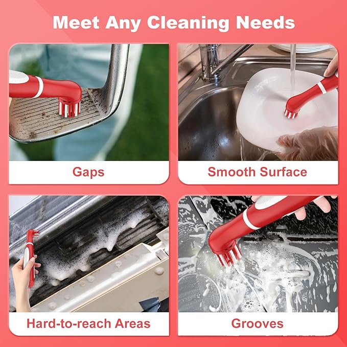 Rechargeable Electric Cleaning Brush with 4 in 1 Multiple Brush Heads and USB Cable, Indoor Household Cordless Motorized Brush for Bathroom Toilet Kitchen Tile Crevice (White & Red)