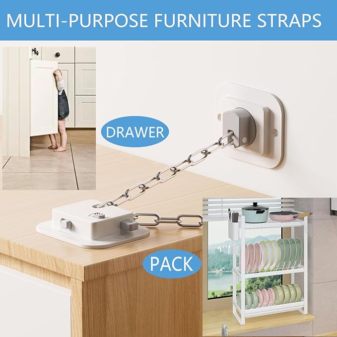 YEYA Anti-Tip No Drill Furniture Anchor with 3M Adhesive 10" Adjustable Straps, Baby Proofing Wall Anchors for Child Safety, Playroom Essentials 4P