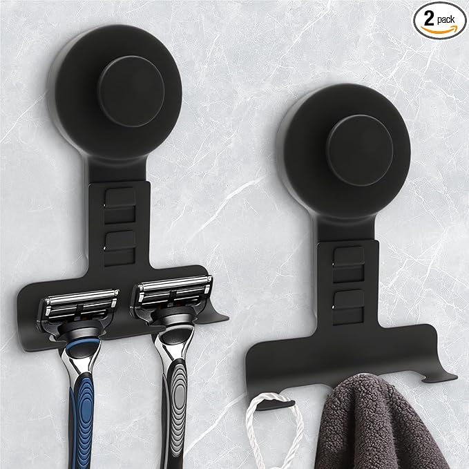 Suction Cup Razor Holder for Shower Wall 2 Pack,Heavy-Duty 15lbs Suction Hooks for Razor,Towel,Phone,Loofah, Removable Damage-Free Metal Shower Hook,Shaver Holder(Black)