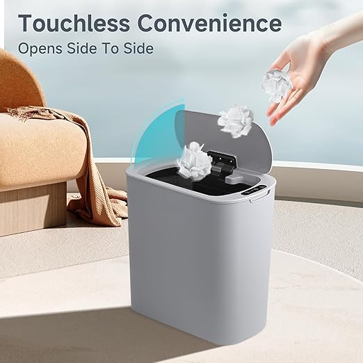 Automatic Motion Sensor Bathroom Trash Can with Lid, 2.6 Gallon Touchless Trash Bin, Smart Garbage Can Plastic Slim Wastebasket for Bedroom, Office, Dorm (Grey)